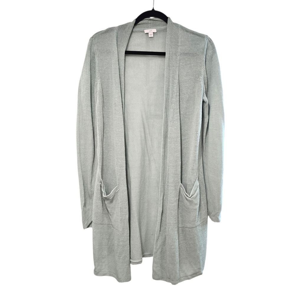 J Jill Women's Light Green Linen Blend Open Front Long Cardigan Sweater Medium M
